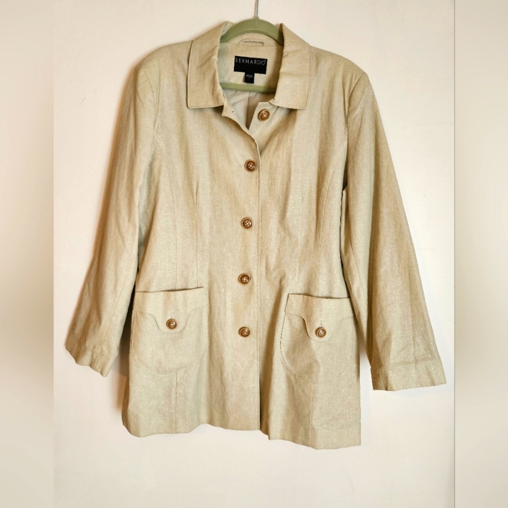 Bernardo Short Trench Jacket Fabric Coating Linen Blend Oat Gold Sheen XL
